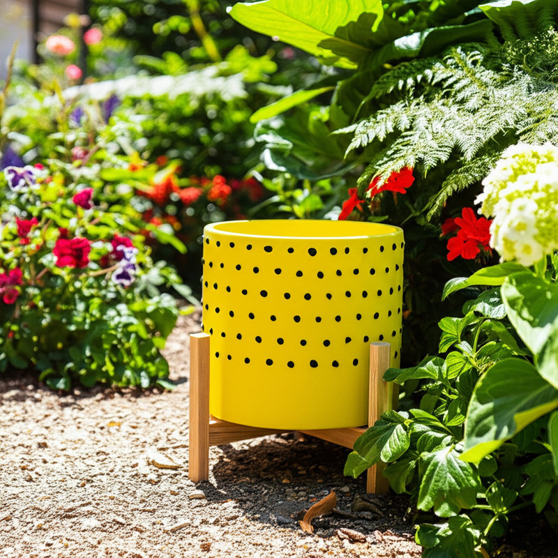 Stoneware Ceramic Planter Set with Wood Stands Contemporary Design Indoor Outdoor Decorative Containers Set of 3, Yellow
