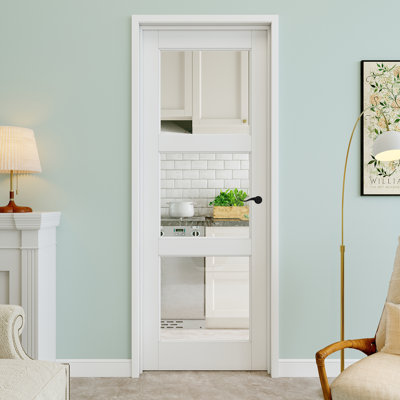 Porte pré-suspendue en verre transparent 30 po x 80 po à 3 lumières avec levier incurvé et charnières noires, dalle de porte en verre transparent, peint et imperméable, combinaison pour la lessive, portes de placard, portes de pièce, main gauche
