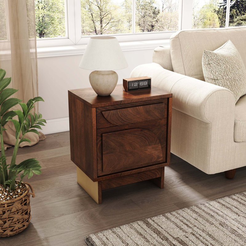 Walnut Tone Wooden Bedside Table Equipped With Single Storage Drawer