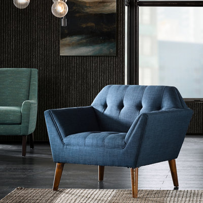 Méridienne Mid-Century avec capitonnage à boutons, pieds en bois massif au fini pacane confortable, fauteuil Mid-Century avec accoudoirs en tissu bleu, revêtement, pieds, coussin de siège supplémentaire,