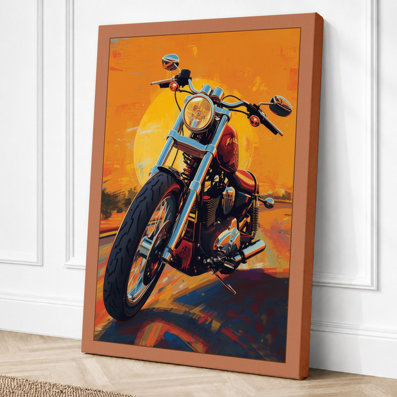 Motorcycle at Sunset Retro - Wrapped Canvas, 18x12 - 45.7 x 30.5 cm, Terracotta Border