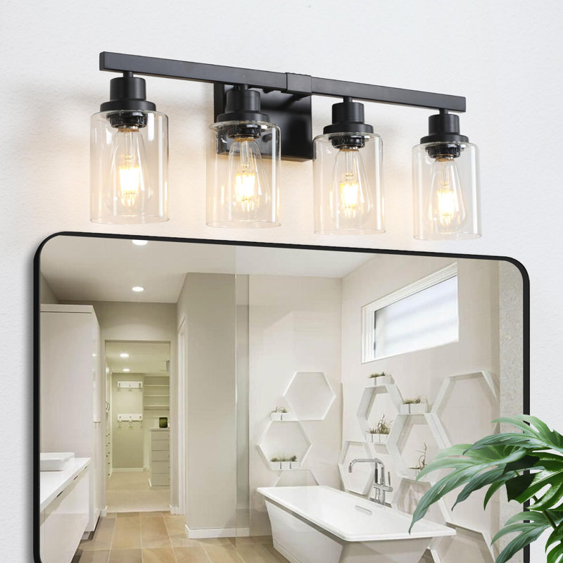 Modern Bathroom Vanity Light Fixtures, Black, 4 Lights, 9.1" H x 24.2" W x 5.7" D