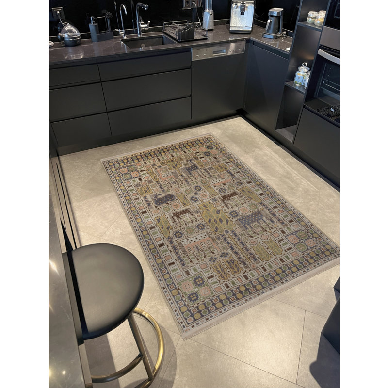 Tapis décoratif rétro à motif traditionnel beige, Tapis de couloir 2 pi 8 po x 7 pi 11 po