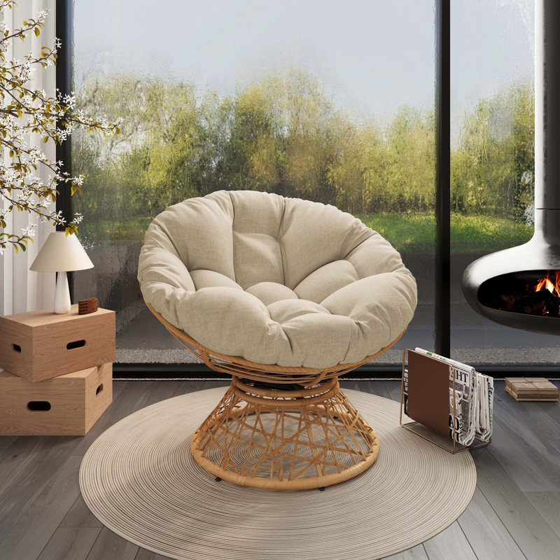 41.5" Ergonomic Wicker Chair With 360° Swivel, Thick Cushion, Iron Frame, Beige Polypropylene