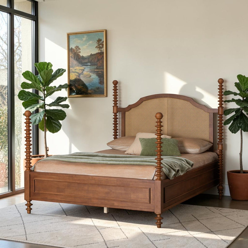 Lit à baldaquin Cascade Rattan Queen Size de couleur noyer, Grand lit, Noyer