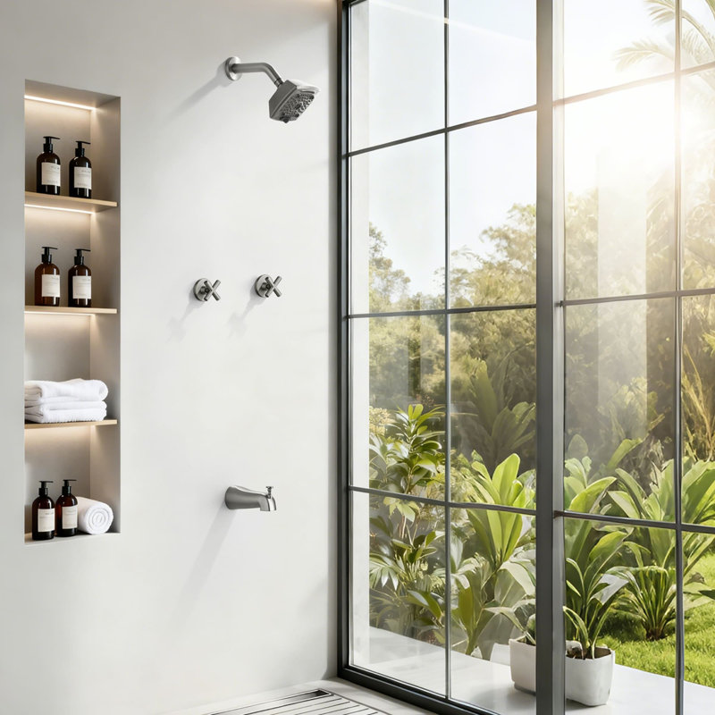 5 Inch Wall Mount Tub Shower System 2 Handle Shower Faucet Set Brass Shower Trim Kit With Rough-In Valve, Brushed Nickel