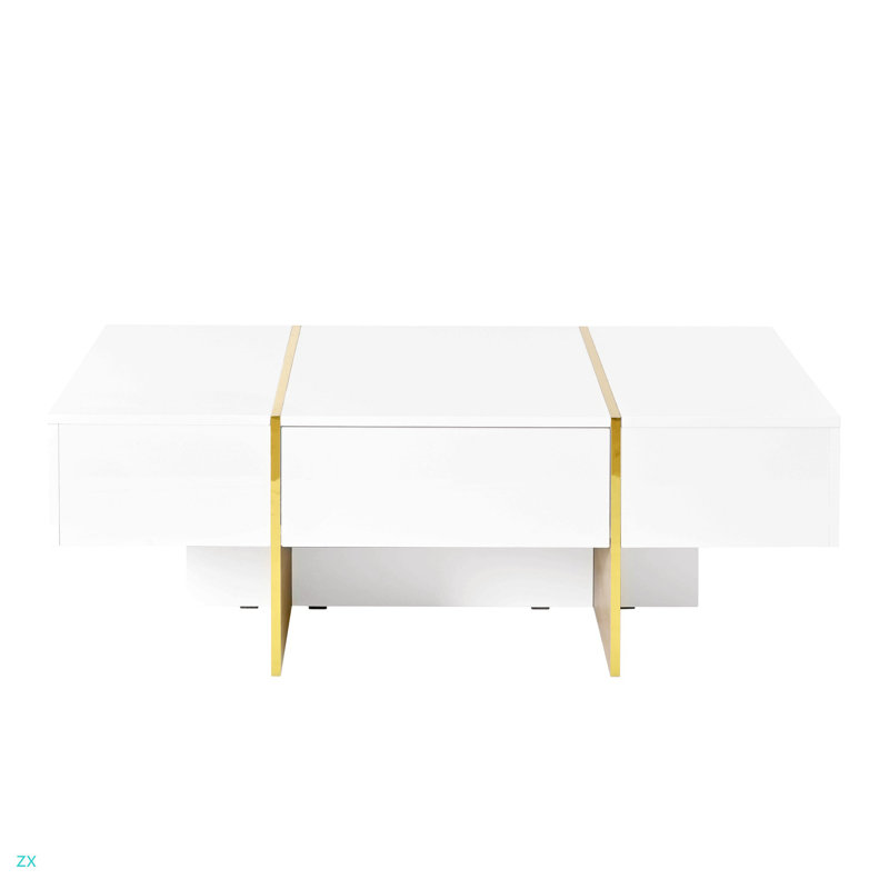 Table basse 47,2 po x 31,4 po minimaliste ultra-brillante avec 2 tiroirs, table de canapé rectangulaire multi-rangement avec pieds en grain, table de centre moderne pour le salon
