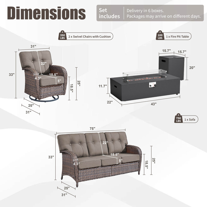 Ensemble de conversation extérieur en résine tressée 4 pièces avec chaises pivotantes et table foyer divisée, Gris
