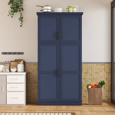 Freestanding Kitchen Pantry Cabinet, Tall Storage Cabinet With 4 Doors, 2 Door Shelves, 8 Pull-Out Trays And Adjustable Shelf