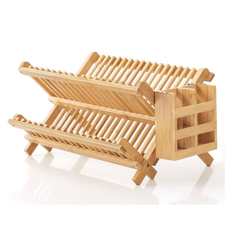 Égouttoir à vaisselle pliant en bambou à 2 niveaux - égouttoir pliable avec porte-ustensiles amovible