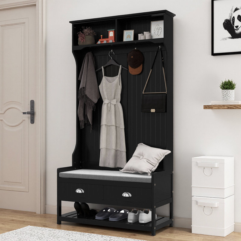 3-In-1 Hall Tree, Entryway Bench With Coat Rack, Shoe Storage, And Padded Seat For Modern Homes, Black