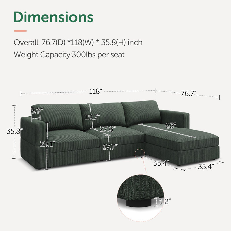 Bouley L-shaped Modular Corduroy Sectional Cloud Couch, Green Corduroy
