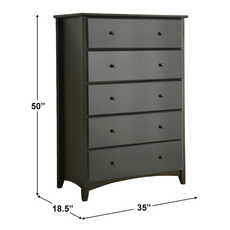 Solid Wood Chest Shaker Style 5 Drawers, Black
