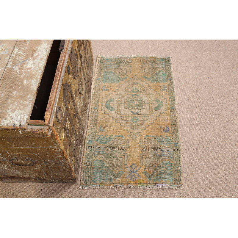 Explorez la beauté du tapis de porte turc rétro dans des tons de vert pastel et de motifs complexes