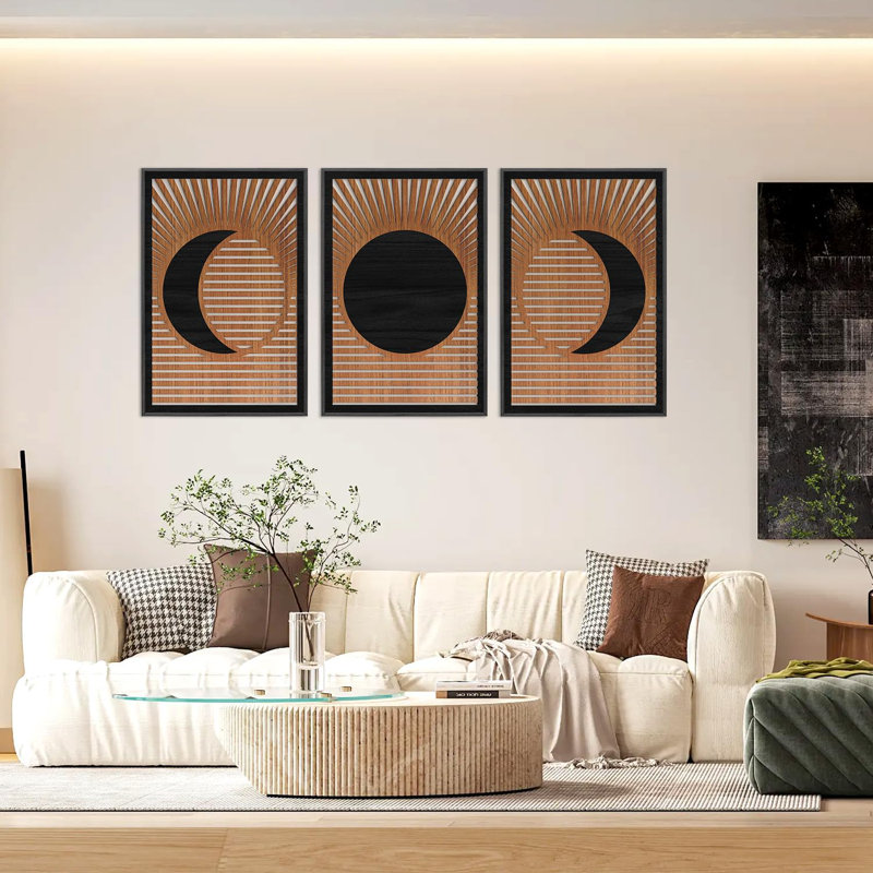 Wooden Moon Phase Celestial Framed Wall Decor(Set Of 3, 16"X24"), Boho Geometric Moon Appearance Line Art Hollow Laser Cut Decor, Nordic Gothic Minimalist Artwork Wall Sculpture For Living Room Bedroom