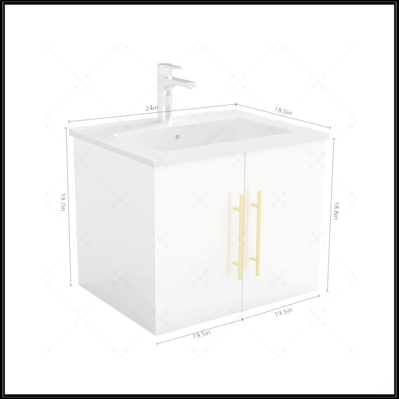 Meuble-lavabo mural 24 po avec lavabo, portes doubles, charnières à fermeture douce, lavabo en céramique, assemblage facile, poignées dorées, rangement