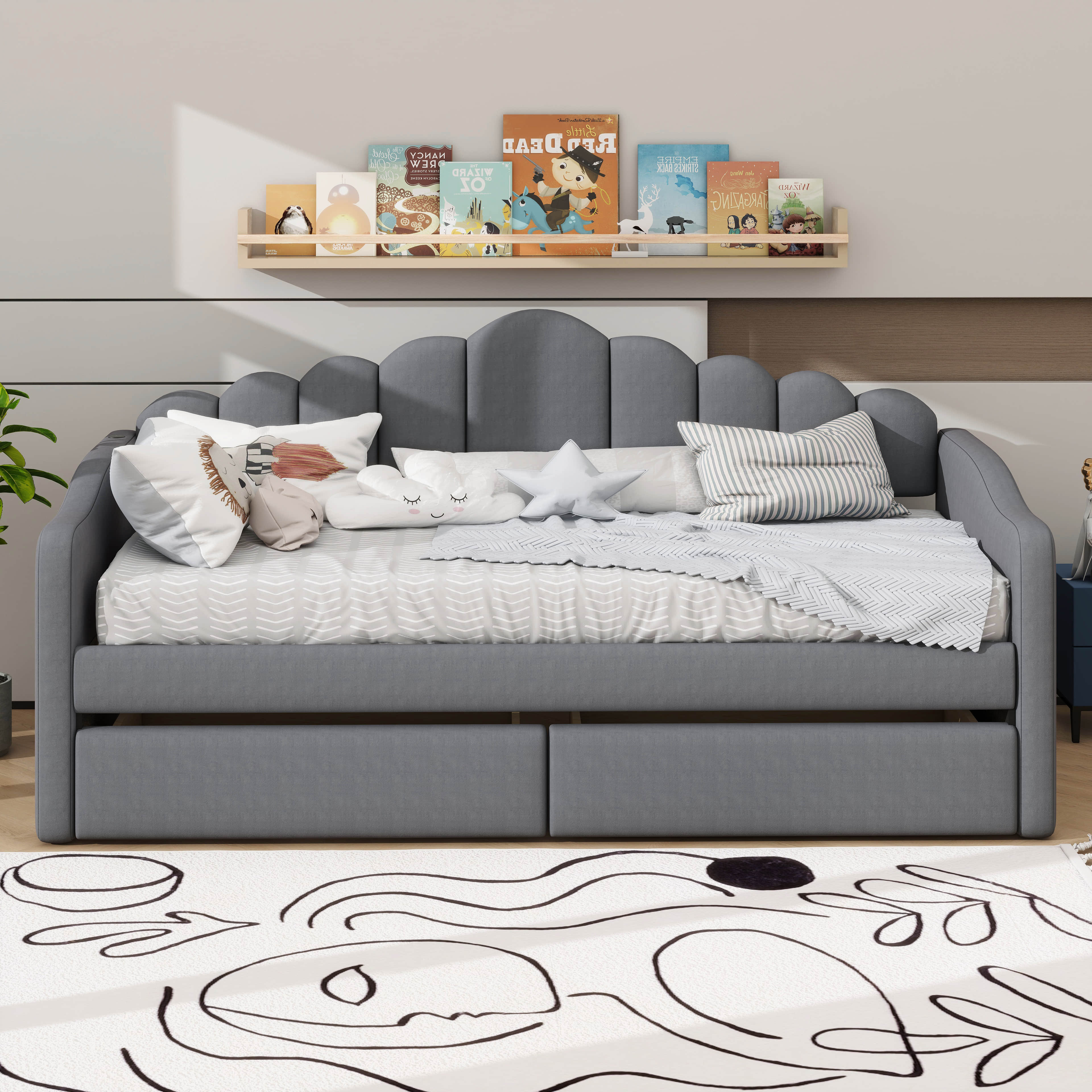 Upholstered Twin Size Daybed with Two Drawers - Gray