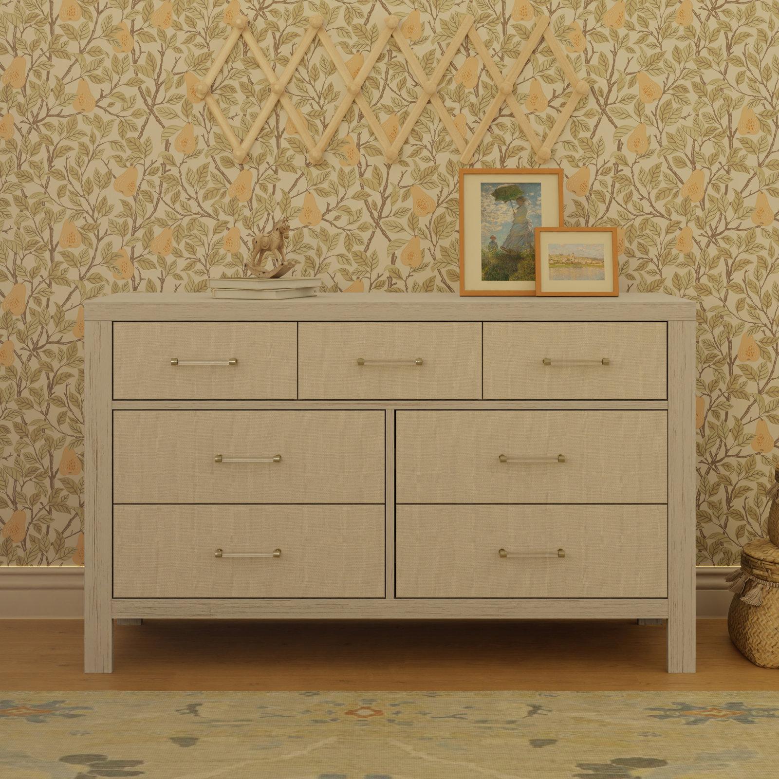 Eloise 7-Drawer Dresser, White Driftwood/Performance Pearl Eco-Weave