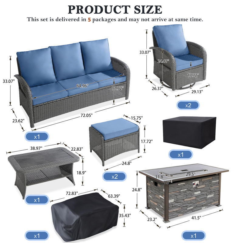 6 Pieces Patio Wicker Conversation Sofa Set with 48” Fire Pit Table, Swivel Rocker Chairs, Ottoman and Furniture Cover, Gray