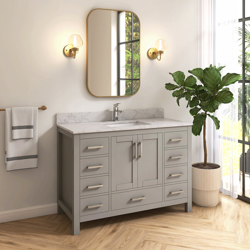 Meuble-lavabo de 48 po Aura avec plateau en marbre d'ingénierie à surface solide, meuble-lavabo autoportant moderne avec comptoir texturé et dosseret Aura