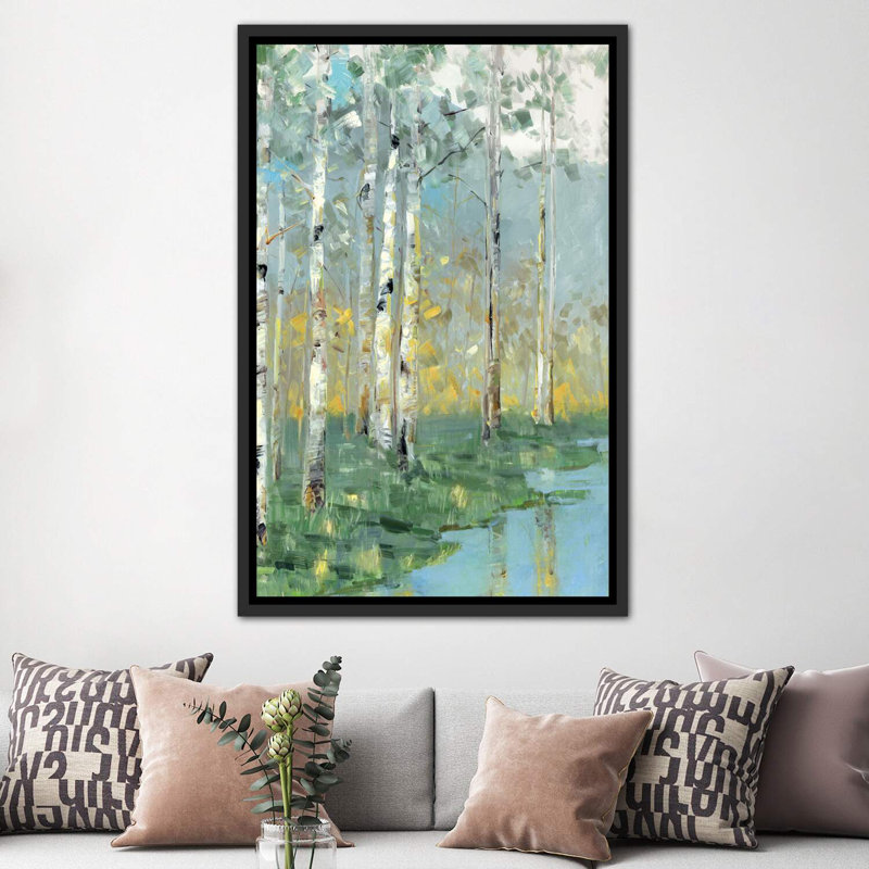 «Birch Reflections III» par Sally Swatland - reproduction d'art, H 60 po x l 40po x P 1,5 po, Toile avec cadre noir patiné