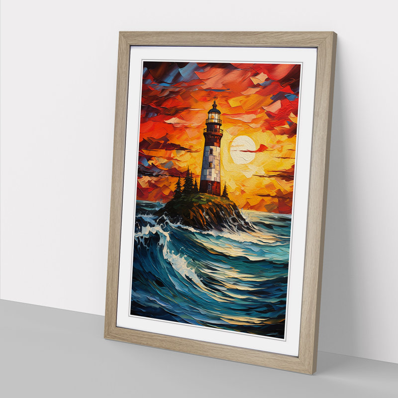Lighthouse Expressionism - Single Picture Frame Print on Wood, 34cm H x 25cm W x 2cm D, Oak Framed
