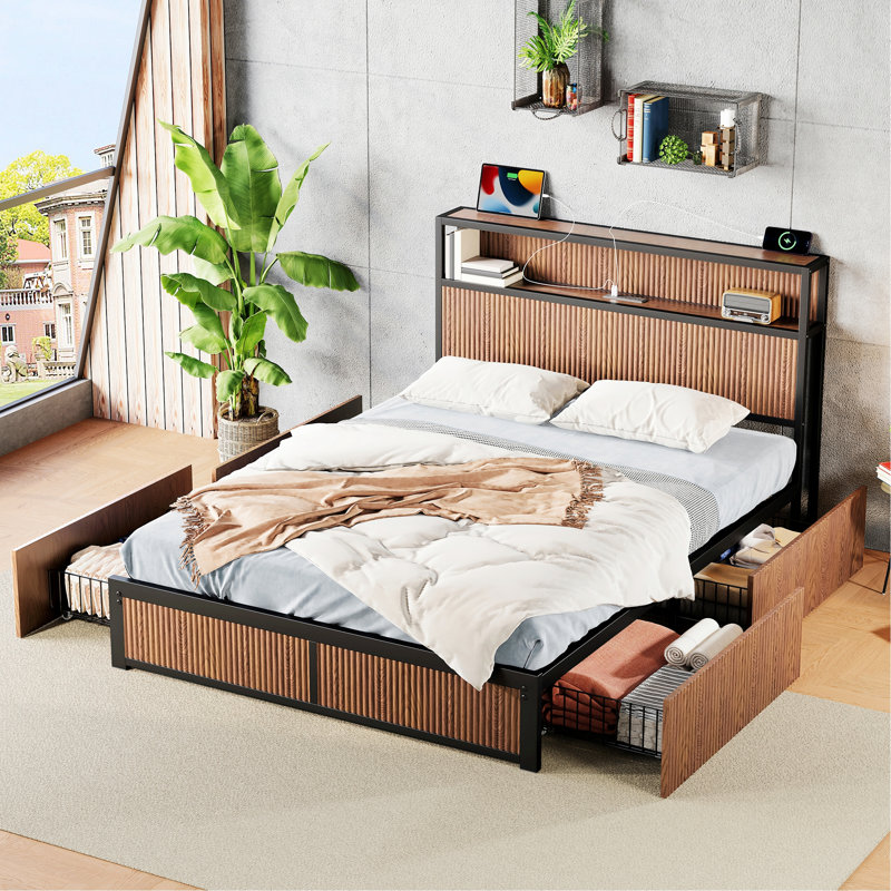 Cadre de lit moderne pour chambre à coucher, chambre d'amis, cadre de lit, cadre de lit plateforme en bois avec tiroir de rangement