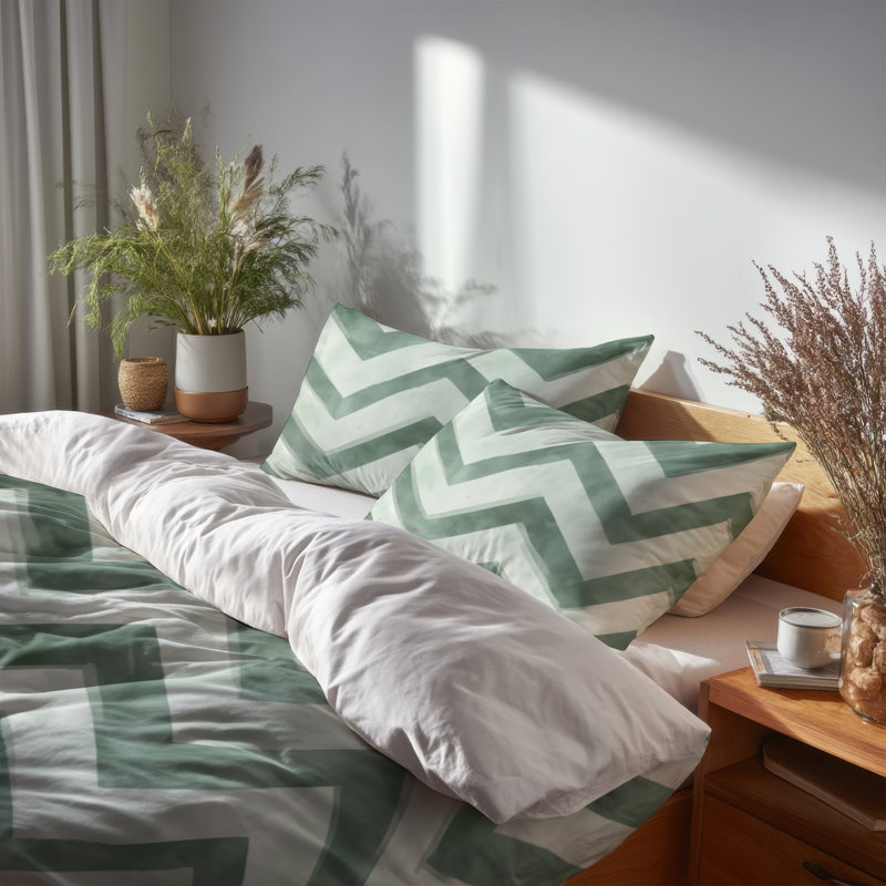 Ensemble de literie moderne 4 pièces - Ensemble d'édredon à chevrons vert et blanc scandinave