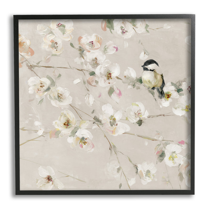 Az-293 - Oiseau beige encadré et fleurs par Sally Swatland, H 17 po x l 17 po x P 1,5 po, Giclée encadrée noir minuit