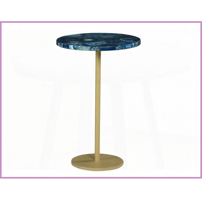 Table basse ronde en agate bleue pour salon avec base en fer et coussins en feutre protecteurs de plancher