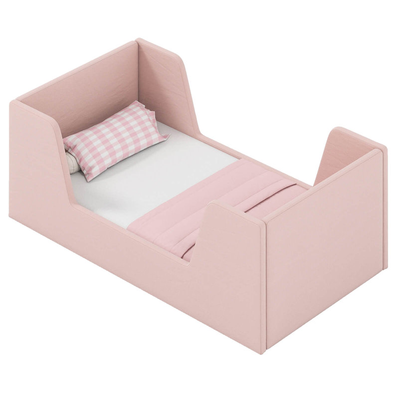 Lit de plancher en tissu d'ameublement en velours doux avec rails de sécurité et tête de lit rose, Rose