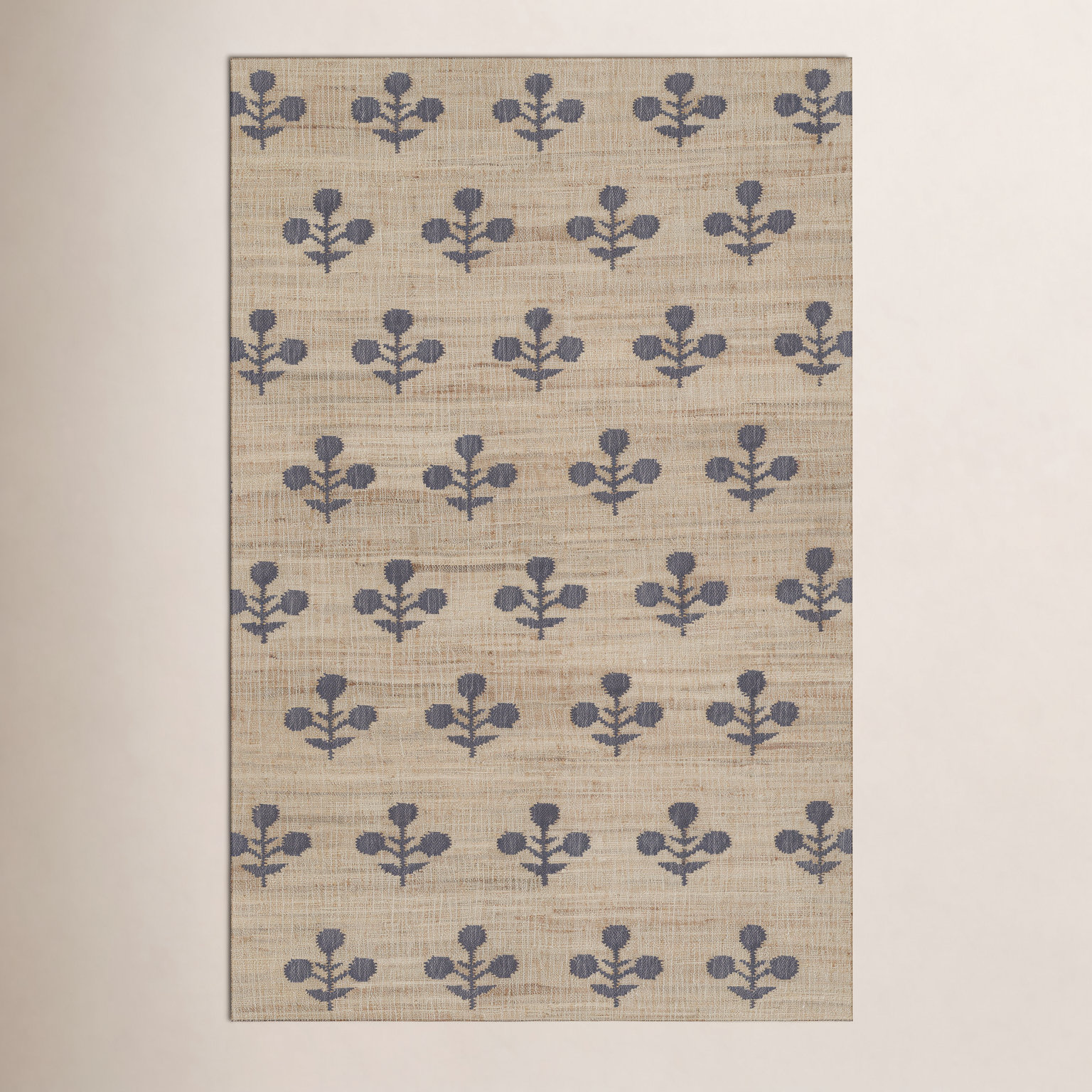 Orchard Blue Hand-Woven Block Print Jute Rug, Rectangle 3'6" x 5'6"