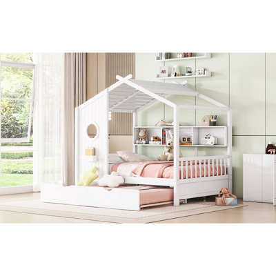 Lit double blanc en bois avec lit gigogne, tablette de rangement pour la chambre à coucher, charmante toiture, construction compacte, lit gigogne L 78 po x l 72 po H, tablette, toit, épargne, stable