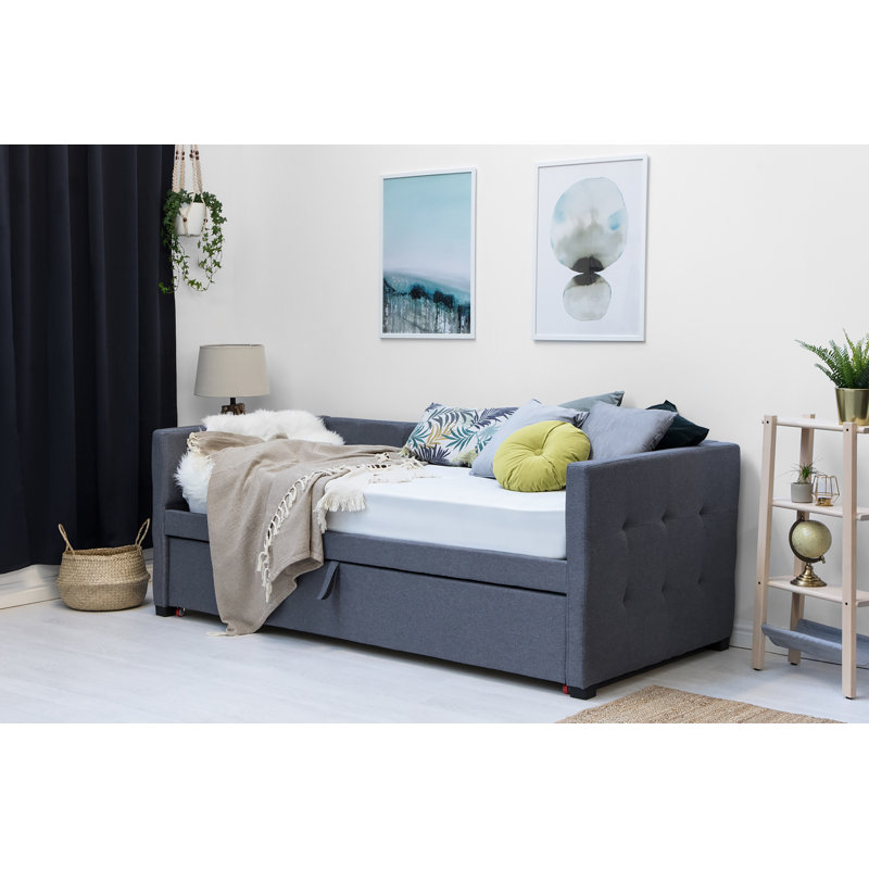 Adona Upholstered Daybed with Trundle and Mattress, 12cm Single Memory Foam, 12cm Single Memory Foam