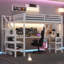 Lit mezzanine en métal avec armoire, bureau en L, port USB et éclairage DEL-1390572396