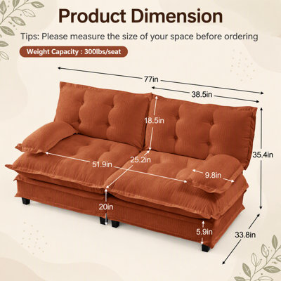 Causeuse modulaire moderne 77 pouces, canapé 2 places confortable avec coussins en treillis et tissu chenille respirant pour le salon et l’appartement