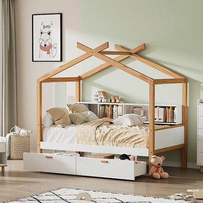 Cadre de lit blanc en bois blanc pour lit simple avec deux tiroirs et bibliothèque pour enfants ou chambre d'amis