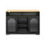 Buffet extensible et îlot de cuisine avec prises de courant, portes en verre rainuré, tablettes de rangement ouvertes, porte-bouteilles-133704585