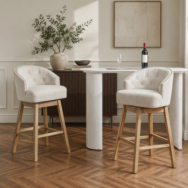 Ensemble de 2 tabourets de comptoir pivotants 33,25 pouces, rembourrés avec structure en bois d'hévéa massif, dossier, repose-pieds pour bar et cuisine