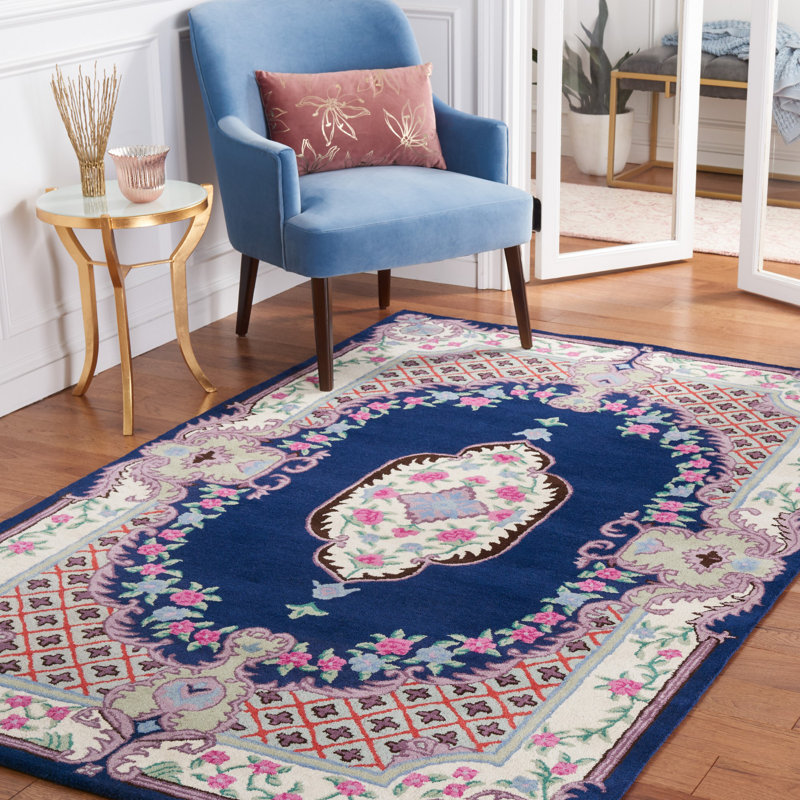 Tapis bleu marine / ivoire en laine touffeté à la main Couran, Rectangle 5 pi x 8 pi