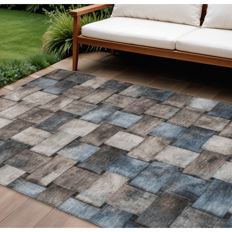 Tapis extérieur lavable rayé taupe et bleu denim 10 pi x 14 pi