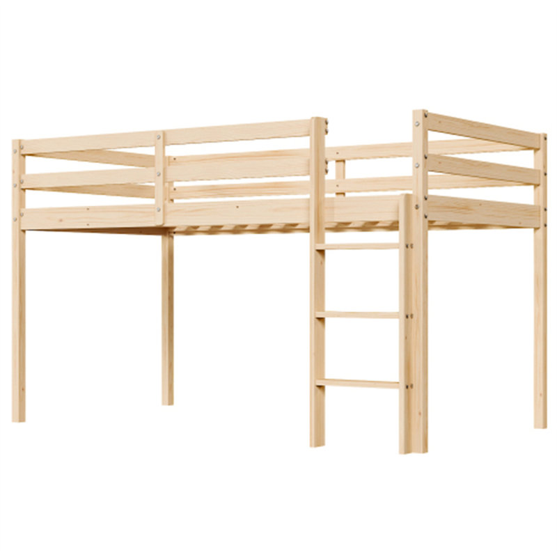 Lit mezzanine simple en bois massif avec plateforme pour tout-petits et escalier, Beige