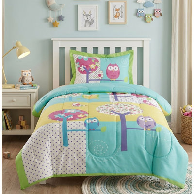 Legacy Decor 2 PC Yellow, Teal Owl Print Childrens Comforter Set, Twin Size