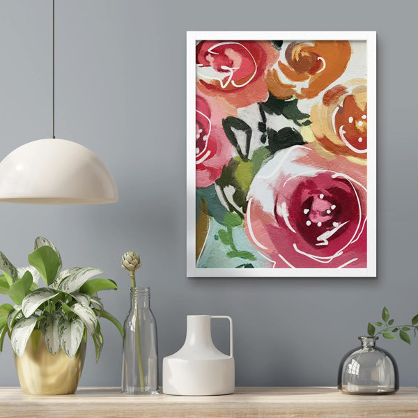 SIGNLEADER Pink & Orange Garden Rose Flower Wall Art Floral Botanical ...