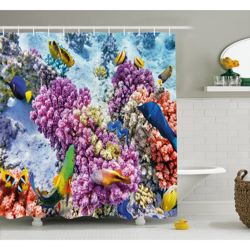 Rideau de douche simple corail and fish décoration, H 69 po x l 75 po