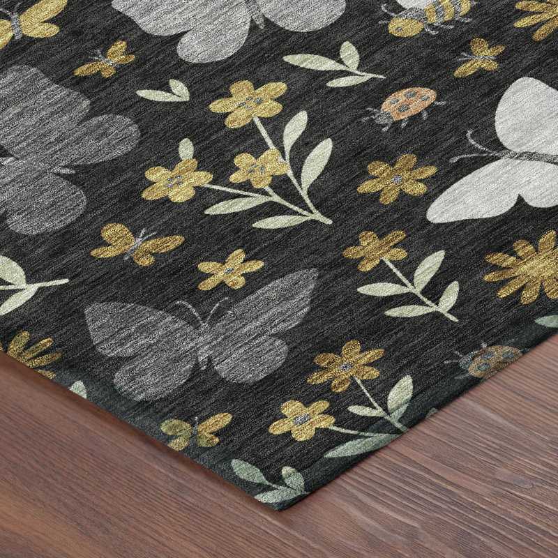 Machine Washable Indoor/Outdoor Chantille ACN2618 Kids Rug, Black, 10' x 14'
