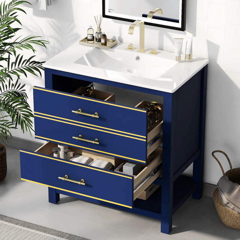 Modern 30Inch Navy Blue/White Bathroom Vanity Cabinet Combo With Openstorge, Two Drawers, Blue