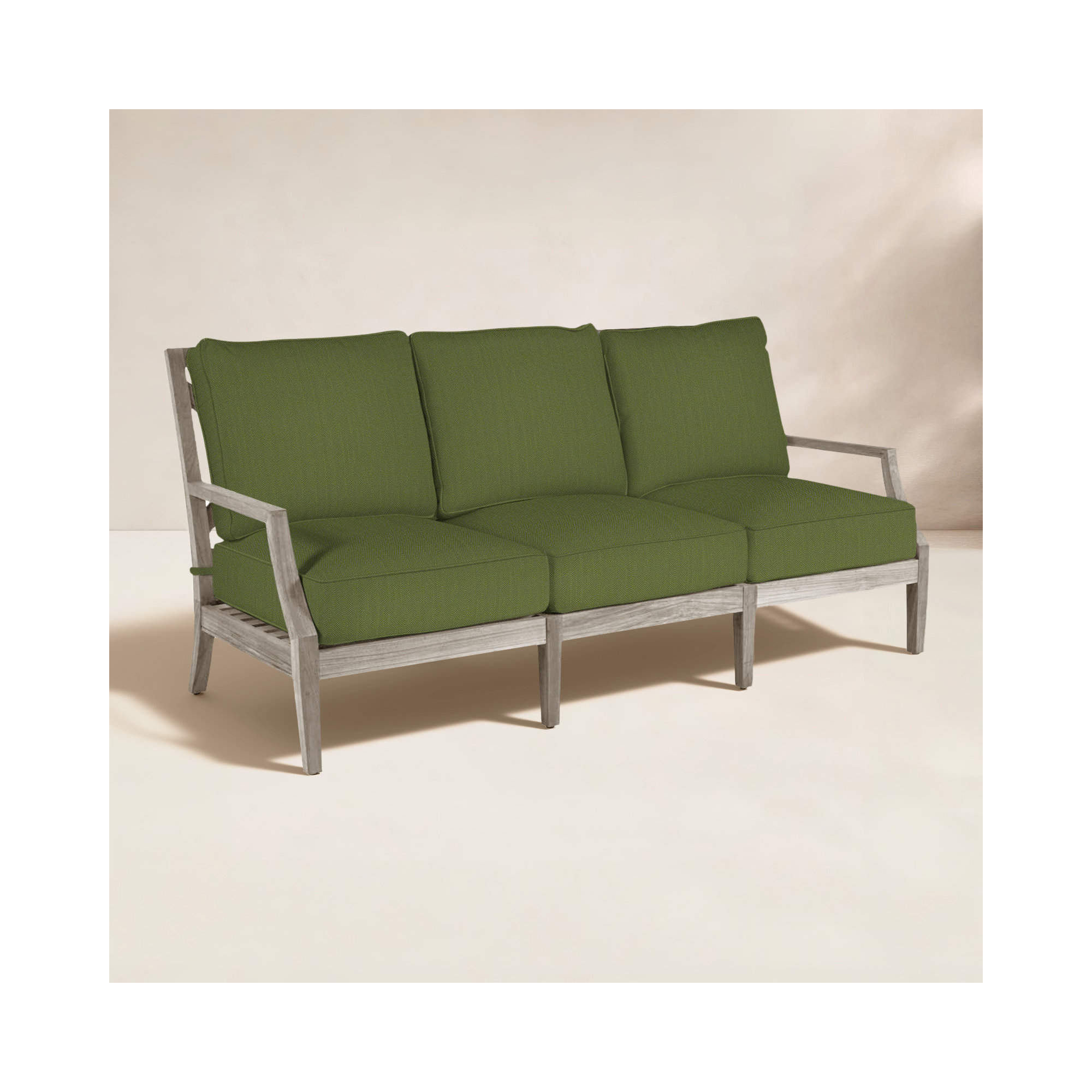 Haley Teak Patio Sofa with Cushions, Linen Forest, Oyster Teak, Welt + Standard fill