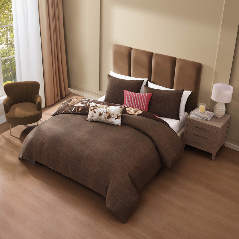 Queen Brown Floral Cotton Reversible Comforter Set