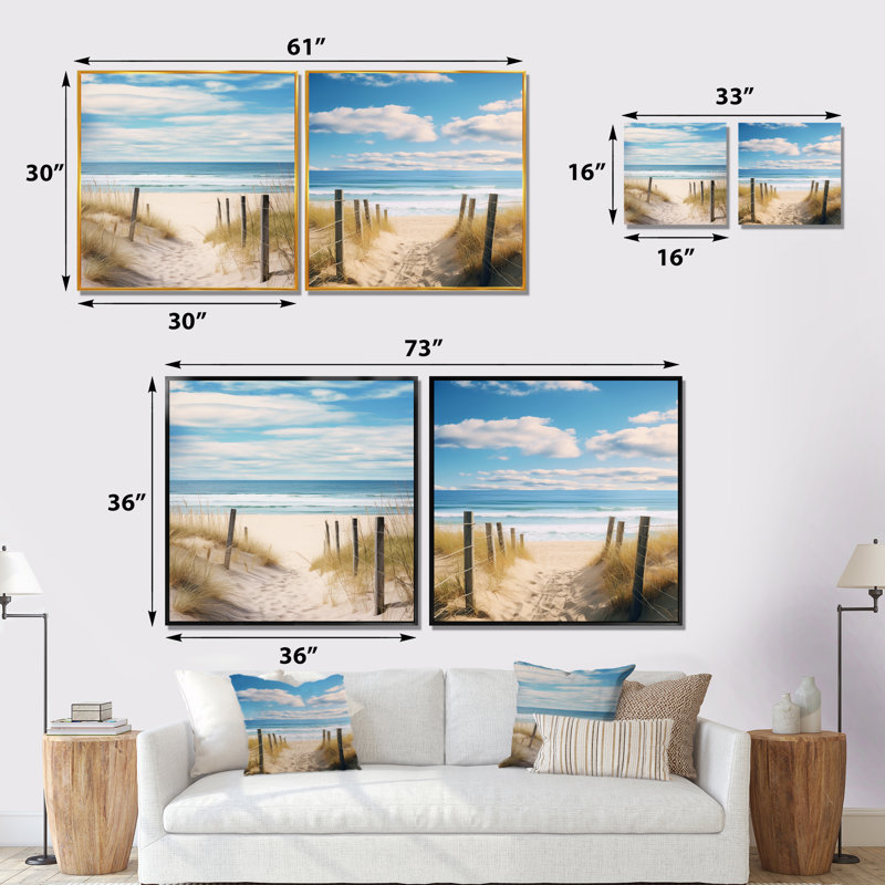 Tranquility Path To Dune Beach - Ensemble de 2 collages nautiques et carrés, Cadre flottant noir, H 30 po x l 61 po